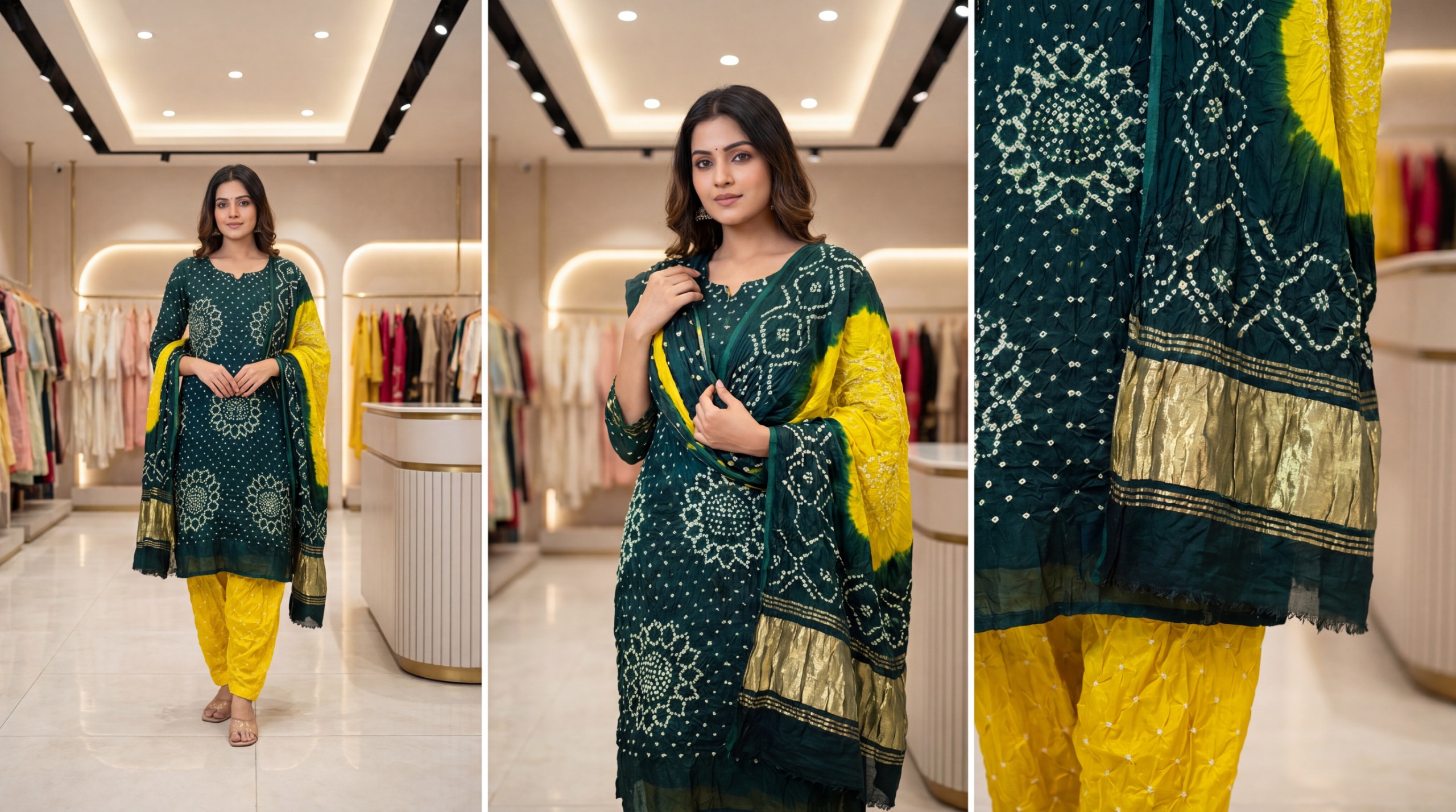 Kala Sanskruti Green & Lemmon Color Art Silk Bandhani Dress 2.5 M Each Piece Elegant Traditional Wear Art Silk Dress for Women