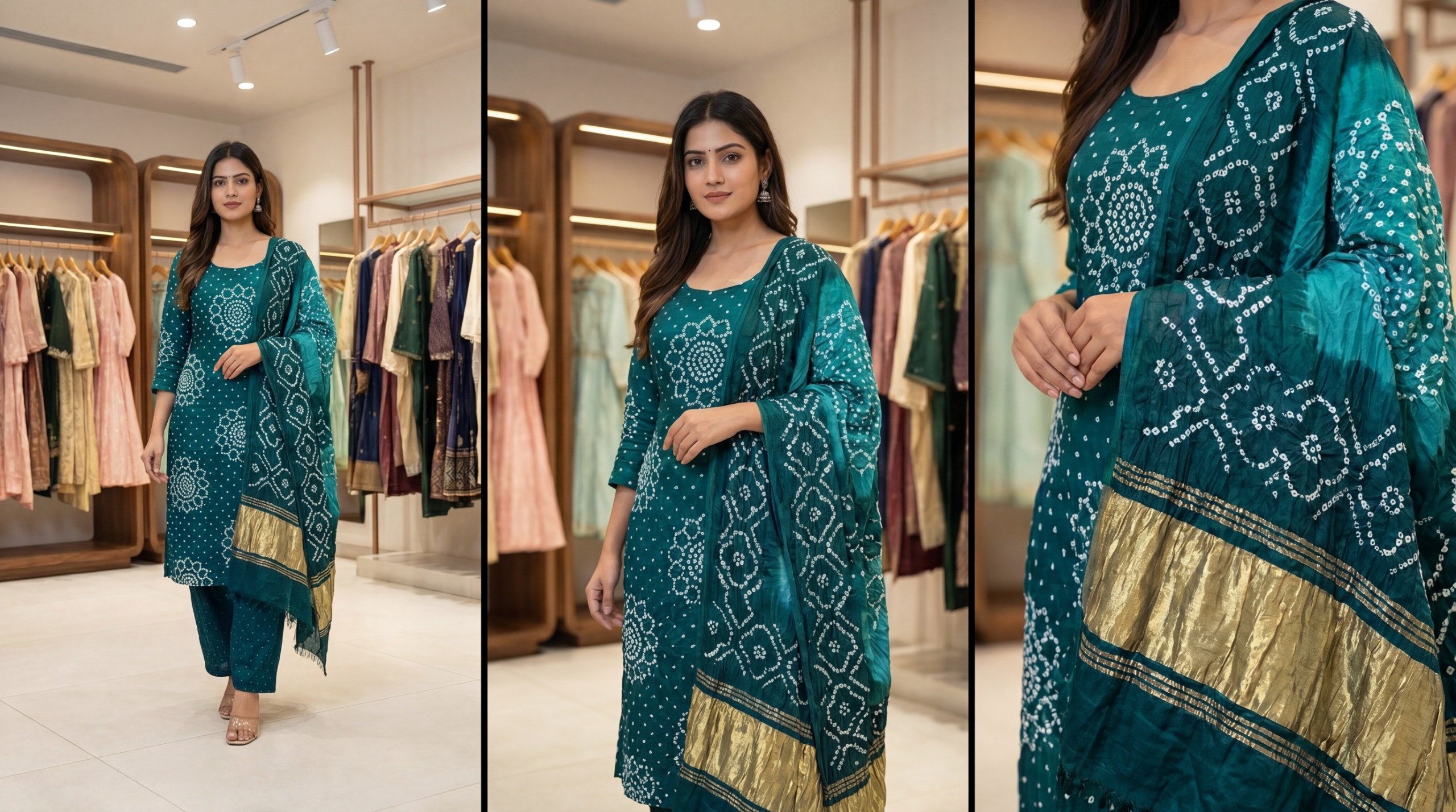 Kala Sanskruti Light Dark Sea Green Color Art Silk Bandhani Dress 2.5 M Each Piece Elegant Traditional Wear Art Silk Dress for Women