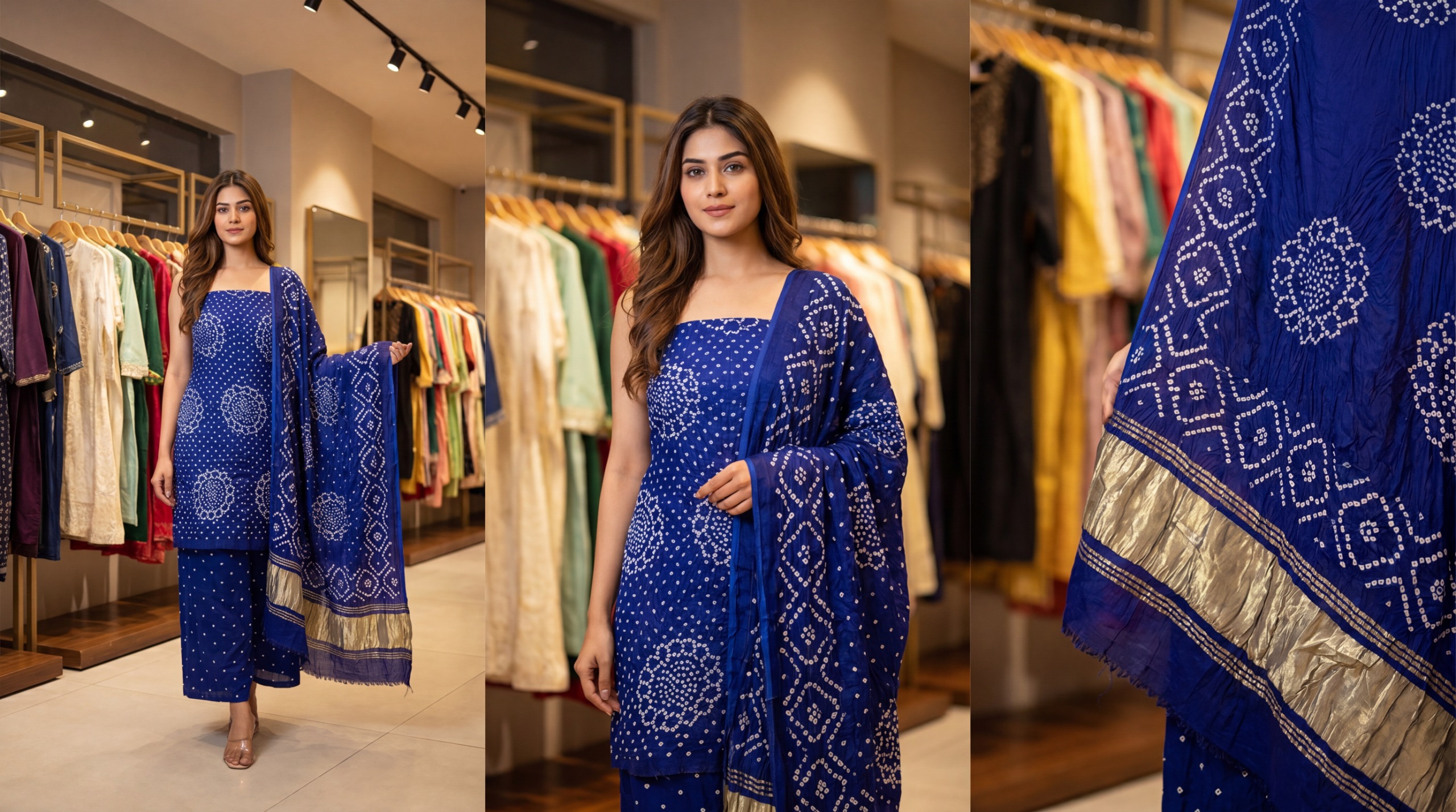 Kala Sanskruti All Over Blue Color Art Silk Bandhani Dress 2.5 M Each Piece Elegant Traditional Wear Art Silk Dress for Women