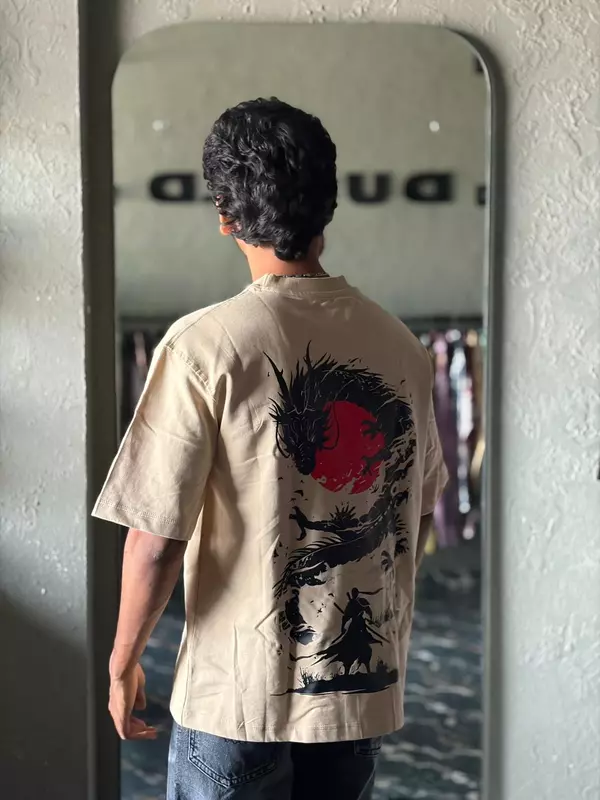 Beige dragon sun oversized tee