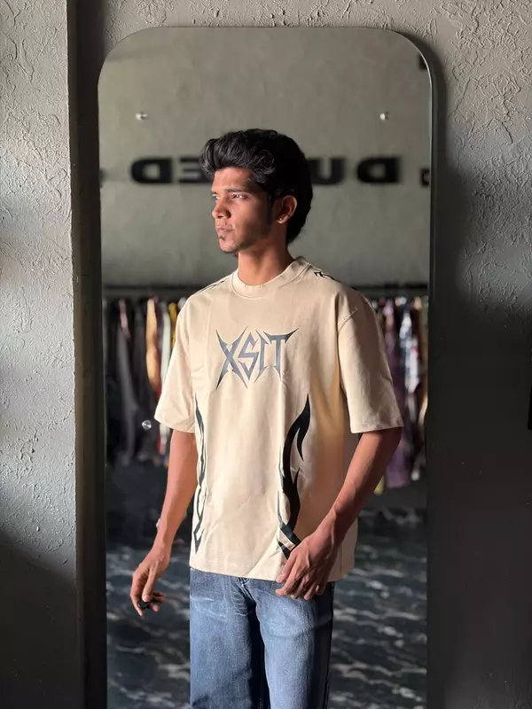 Beige inferno crest oversized tee