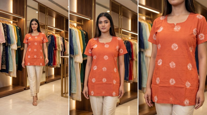 Kala Sanskruti Orenge & White Cotton Bandhani Women’s Redy Kurti (2XL) Elegant Traditional Cotton Redy Kurti For Women