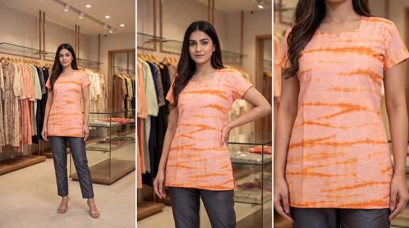 Kala Sanskruti Light Dark Peach Cotton Bandhani Women’s Redy Kurti (2XL) Elegant Traditional Cotton Redy Kurti For Women