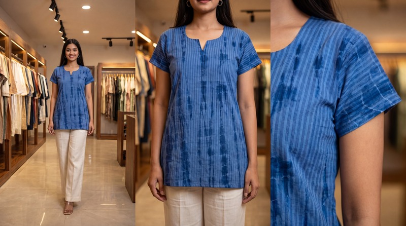Kala Sanskruti Light Dark Blue Cotton Bandhani Women’s Redy Kurti (XL) Elegant Traditional Cotton Redy Kurti For Women