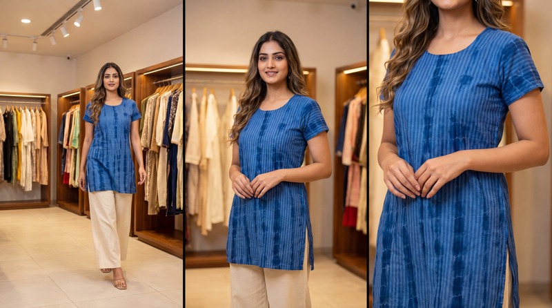 Kala Sanskruti Light Dark Blue Cotton Bandhani Women’s Redy Kurti (XL) Elegant Traditional Cotton Redy Kurti For Women