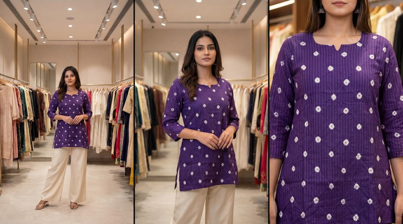 Kala Sanskruti All Over Purple Cotton Bandhani Women’s Redy Kurti (L) Elegant Traditional Cotton Redy Kurti For Women