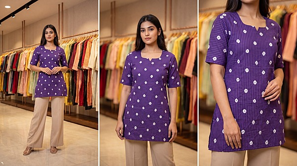 Kala Sanskruti All Over Purple Cotton Bandhani Women’s Redy Kurti (L) Elegant Traditional Cotton Redy Kurti For Women