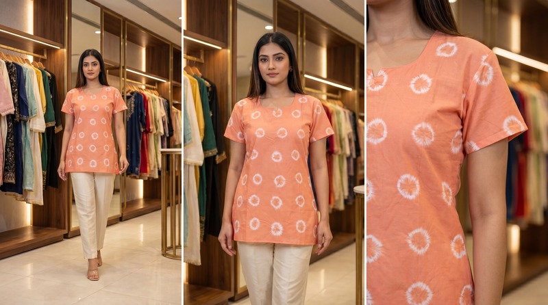 Kala Sanskruti All Over Light Peach Cotton Bandhani Women’s Redy Kurti (2XL) Elegant Traditional Cotton Redy Kurti For Women