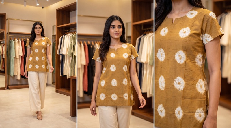 Kala Sanskruti Mustard & White Cotton Bandhani Women’s Redy Kurti (2XL) Elegant Traditional Cotton Redy Kurti For Women