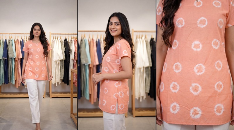 Kala Sanskruti All Over Light Peach Cotton Bandhani Women’s Redy Kurti (2XL) Elegant Traditional Cotton Redy Kurti For Women