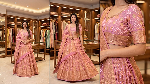 Kala Sanskruti Peach & Pink Color Banarasi Georgette Bandhani Chaniyacholi 3.75M Elegant Traditional Pure Banarasi Chaniyacholi for Women