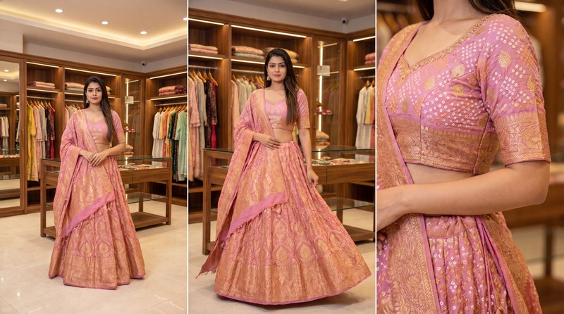 Kala Sanskruti Peach & Pink Color Banarasi Georgette Bandhani Chaniyacholi 3.75M Elegant Traditional Pure Banarasi Chaniyacholi for Women