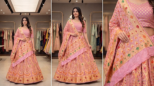 Kala Sanskruti Peach & Pink Color Banarasi Georgette Bandhani Chaniyacholi 3.75M Elegant Traditional Pure Banarasi Chaniyacholi for Women