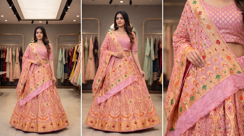 Kala Sanskruti Peach & Pink Color Banarasi Georgette Bandhani Chaniyacholi 3.75M Elegant Traditional Pure Banarasi Chaniyacholi for Women