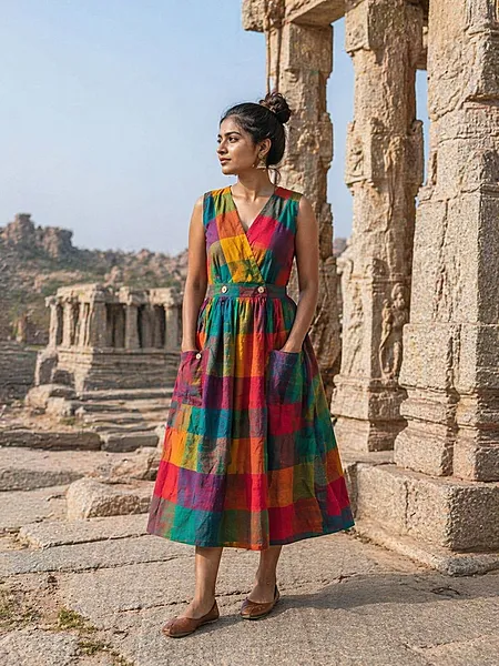 Yamini's Sleeve-Less Wrap Dress - Madras Checks - Green Hues