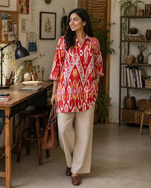 Kavya's High-Low Collared Top - Red & Ikkhat
