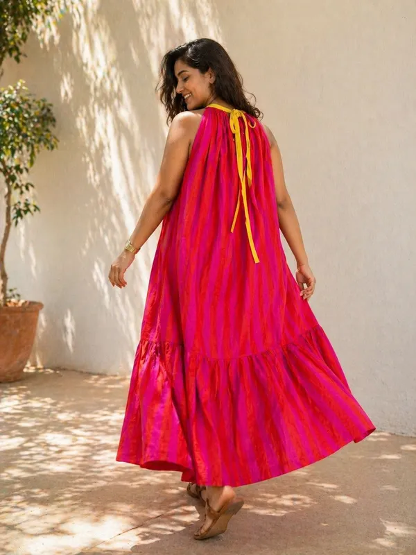 Ayana's Halter-Neck-Tie dress - Pink & Orange Stripes