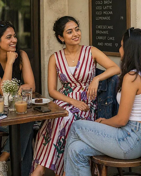 Diya's Sleeve-Less Wrap Dress - White & Maroon Stripes with Flowers
