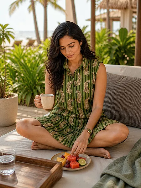 Kashish's Sleeve-less Collared Dress - Sap Green Stripes & Cheetahs