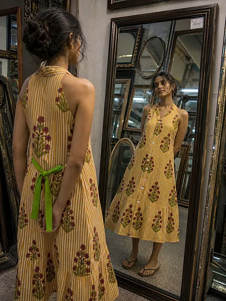 Cyra's Racer Back Dress -  Yellow & White Stripes with Flowers