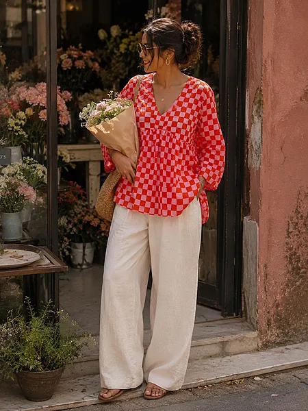 Gulzar's V-neck Peplum Top - Pink & Orange Checks