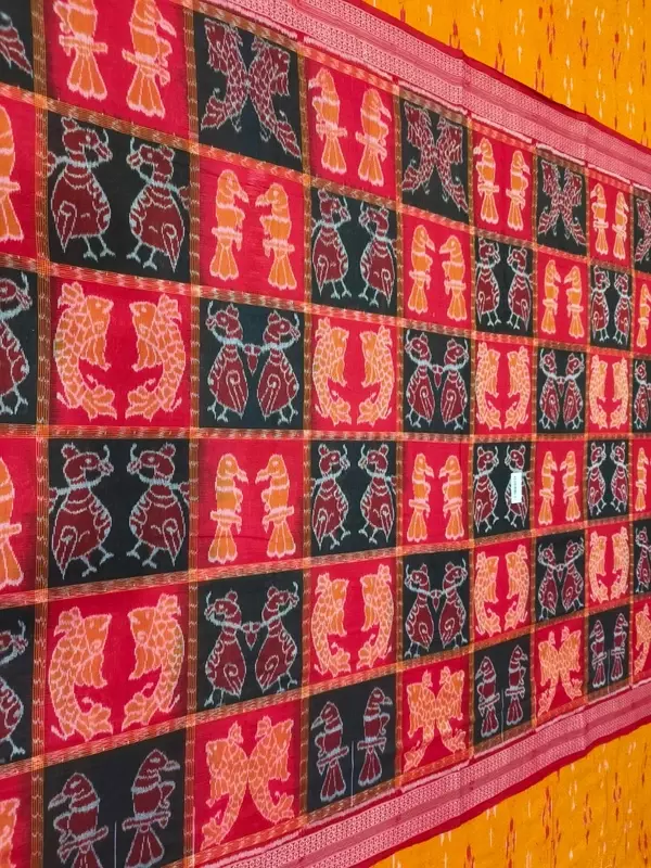 BOX JODI MOTIFS BANDHA SAREE-RED-BLACK