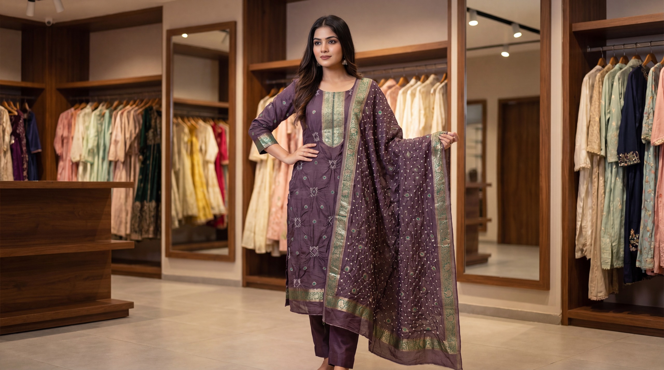 Kala Sanskruti All Over Coffee Color Art Silk Bandhani Dress 2.5 M Each Piece Elegant Traditional Wear Art Silk Dress for Women