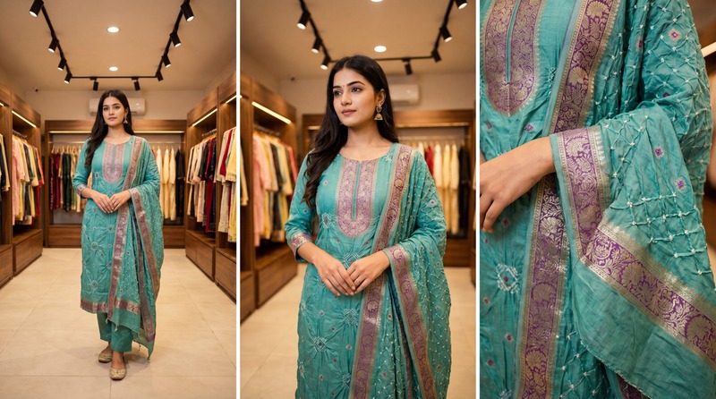 Kala Sanskruti All Over Aqua Color Art Silk Bandhani Dress 2.5 M Each Piece Elegant Traditional Wear Art Silk Dress for Women