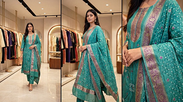 Kala Sanskruti All Over Aqua Color Art Silk Bandhani Dress 2.5 M Each Piece Elegant Traditional Wear Art Silk Dress for Women