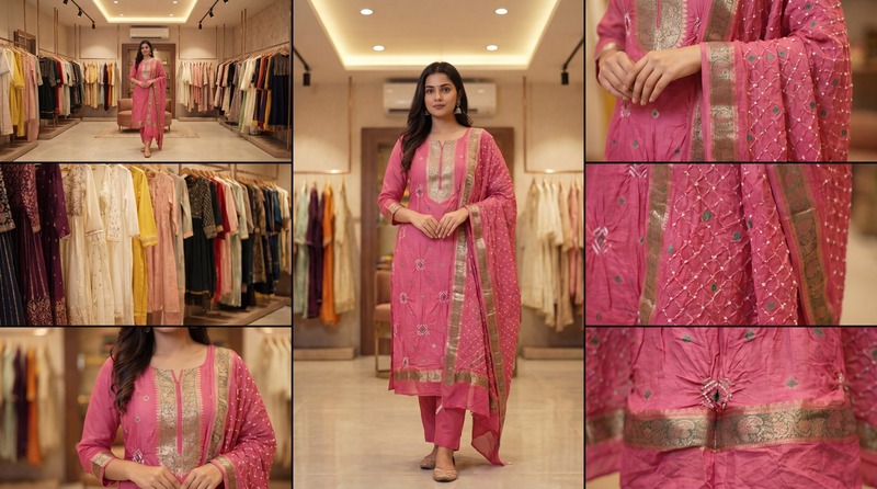 Kala Sanskruti All Over Gajri Color Art Silk Bandhani Dress 2.5 M Each Piece Elegant Traditional Wear Art Silk Dress for Women