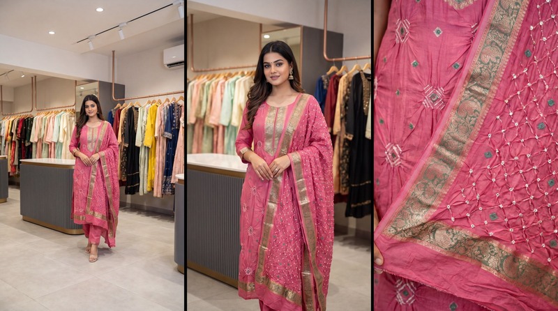 Kala Sanskruti All Over Gajri Color Art Silk Bandhani Dress 2.5 M Each Piece Elegant Traditional Wear Art Silk Dress for Women