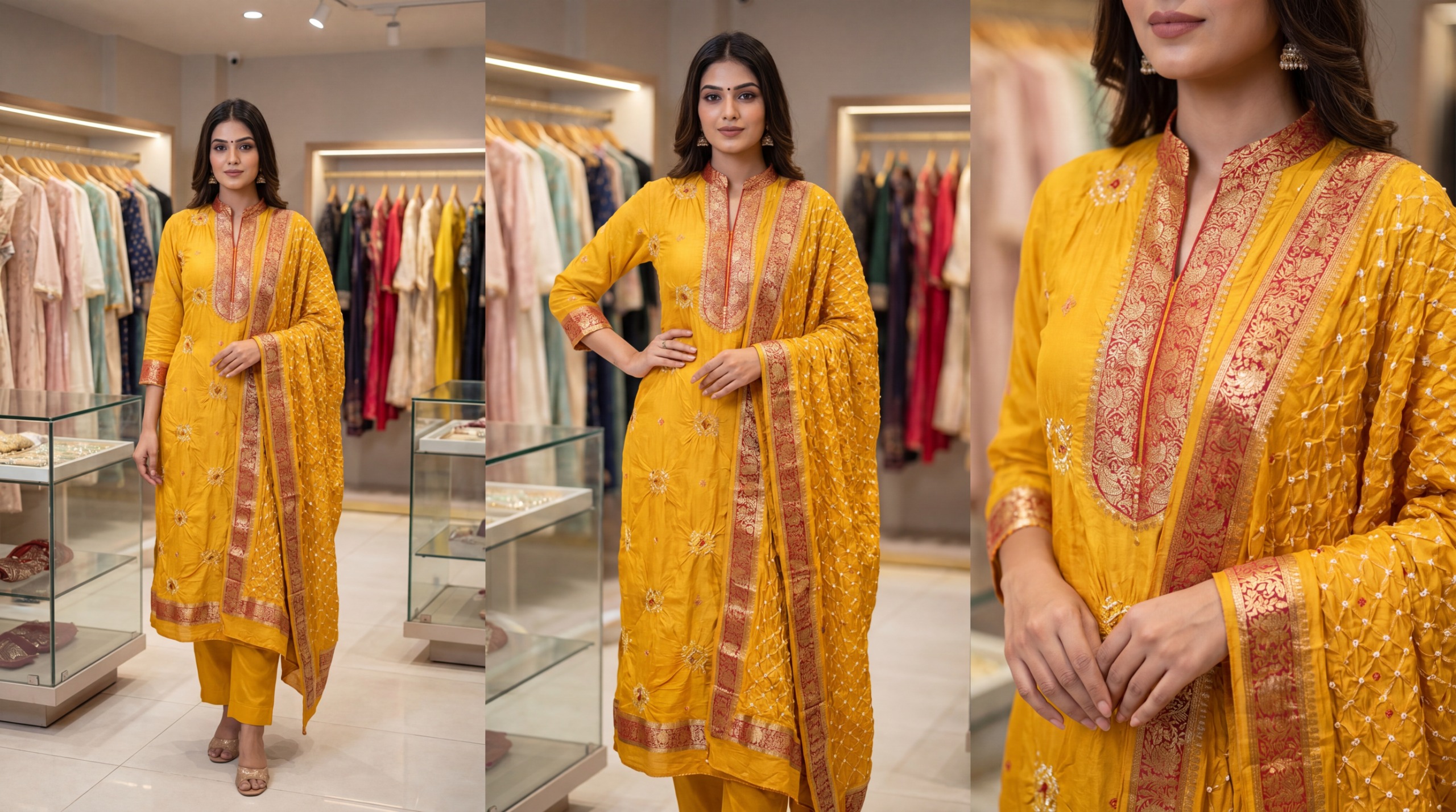 Kala Sanskruti All Over Mustard Color Art Silk Bandhani Dress 2.5 M Each Piece Elegant Traditional Wear Art Silk Dress for Women