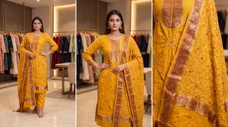 Kala Sanskruti All Over Golden Color Art Silk Bandhani Dress 2.5 M Each Piece Elegant Traditional Wear Art Silk Dress for Women