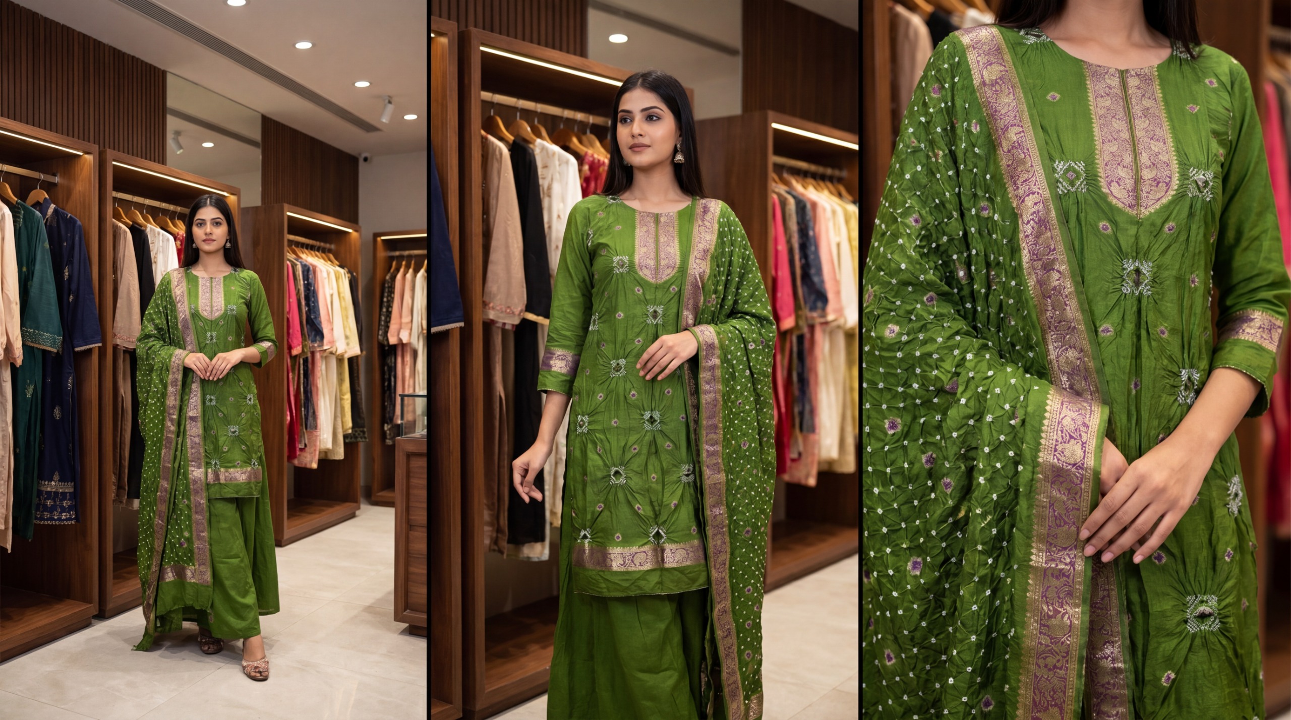 Kala Sanskruti All Over Mahendi Color Art Silk Bandhani Dress 2.5 M Each Piece Elegant Traditional Wear Art Silk Dress for Women