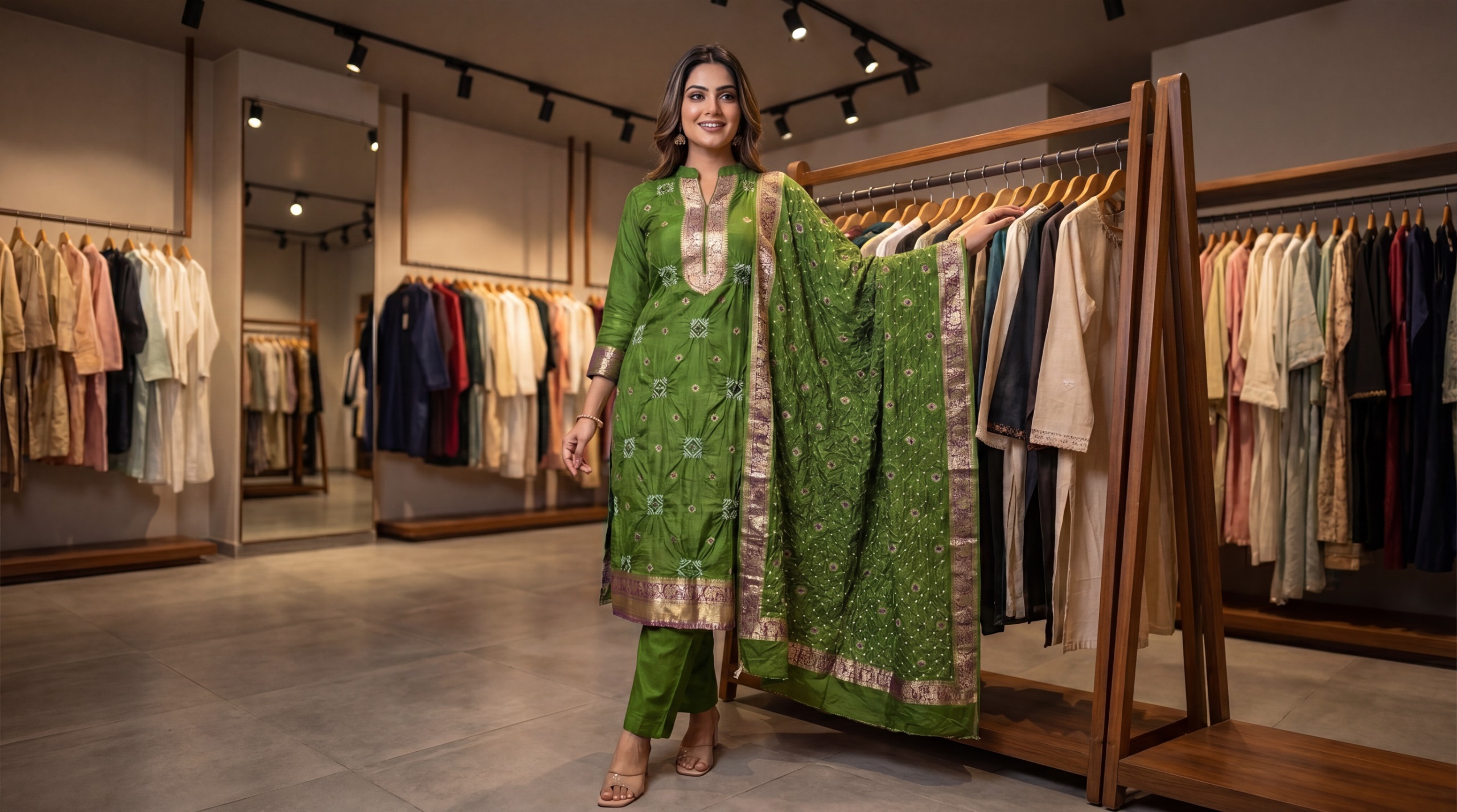 Kala Sanskruti All Over Mahendi Color Art Silk Bandhani Dress 2.5 M Each Piece Elegant Traditional Wear Art Silk Dress for Women