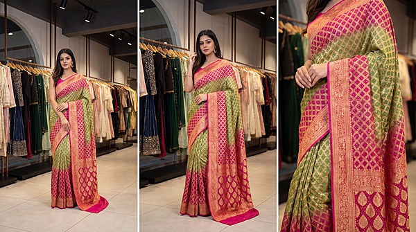 Kala Sanskruti Mehndi & Pink Color Pure Banarasi Saree 6.5M Elegant Traditional Wear Graceful Pure Banarasi Saree Handcrafted Artistry for Woman