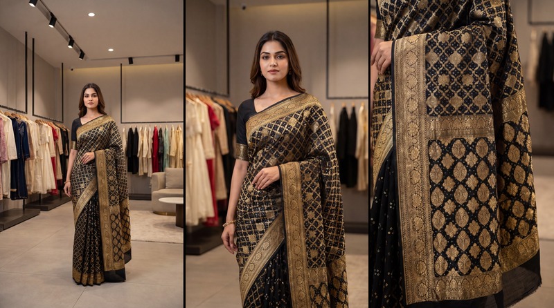 Kala Sanskruti All Over Black Color Pure Banarasi Saree 6.5M Elegant Traditional Wear Graceful Pure Banarasi Saree Handcrafted Artistry for Woman