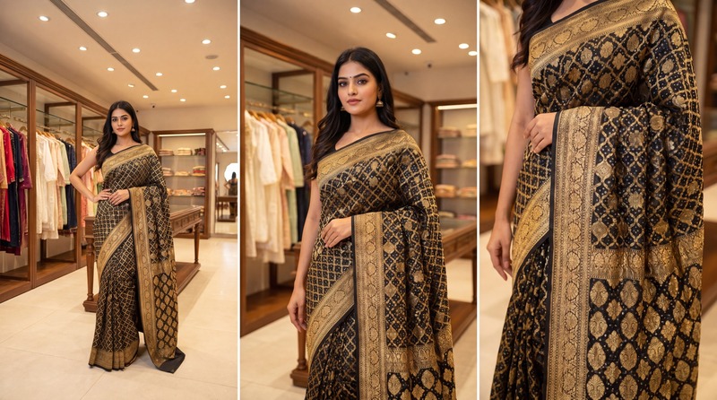 Kala Sanskruti All Over Black Color Pure Banarasi Saree 6.5M Elegant Traditional Wear Graceful Pure Banarasi Saree Handcrafted Artistry for Woman