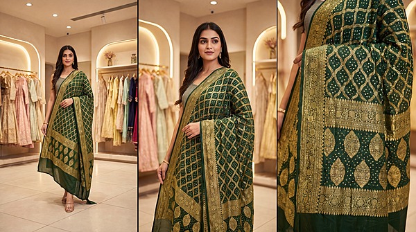 Kala Sanskruti All Over Dark Green Color Banarasi Georgette Bandhani Dupatta 2.5 M Elegant Traditional Wear Unique Dupatta for Women