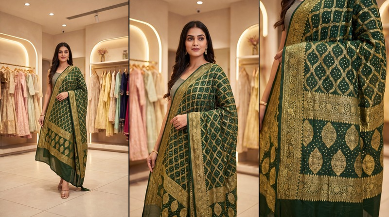 Kala Sanskruti All Over Dark Green Color Banarasi Georgette Bandhani Dupatta 2.5 M Elegant Traditional Wear Unique Dupatta for Women