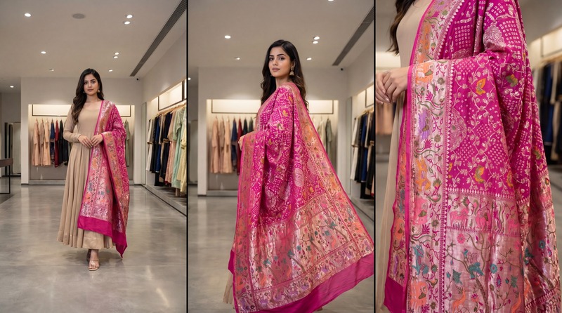 Kala Sanskruti All Over Rani Pink Color Banarasi Georgette Bandhani Dupatta 2.5 M Elegant Traditional Wear Unique Dupatta for Women