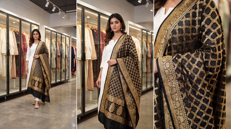 Kala Sanskruti All Over Black Color Banarasi Georgette Bandhani Dupatta 2.5 M Elegant Traditional Wear Unique Dupatta for Women