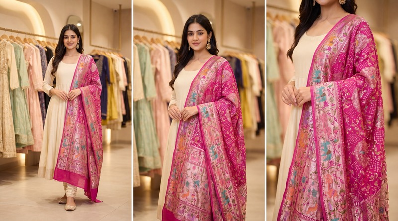 Kala Sanskruti All Over Rani Pink Color Banarasi Georgette Bandhani Dupatta 2.5 M Elegant Traditional Wear Unique Dupatta for Women