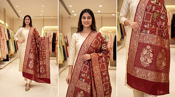 Kala Sanskruti All Over Maroon Color Banarasi Georgette Bandhani Dupatta 2.5 M Elegant Traditional Wear Unique Dupatta for Women