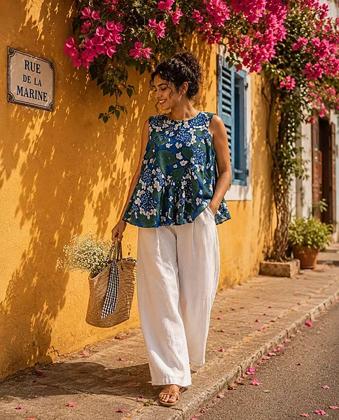 Priya's Triangle-Yoke Top - Blue & Leaves
