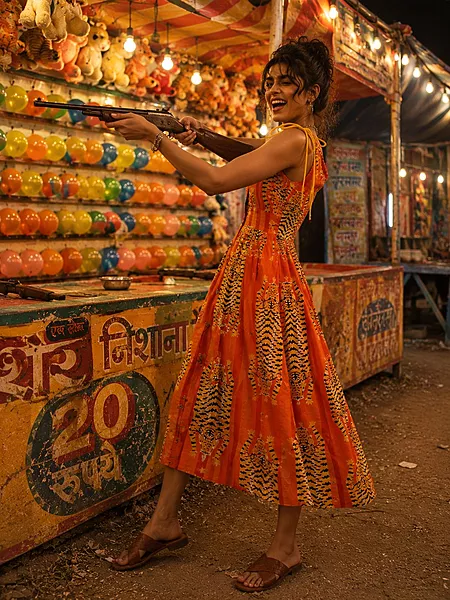 Leher's Sleeve-Less Fit & Flare Dress - Orange stripes & Tigers