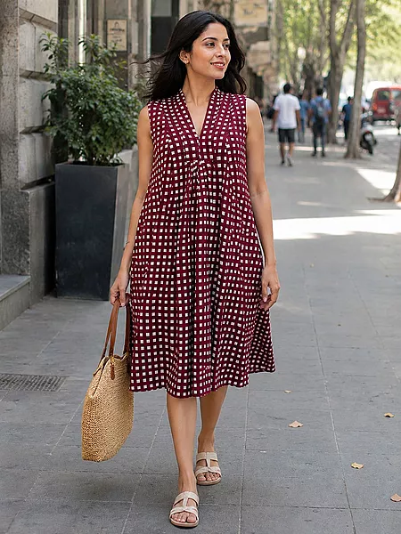 Charita's Everyday Sleeve Less Flare Dress - Maroon Gingham