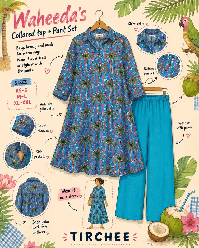 Waheeda's Collared top + Pant Set - Blue & Trees