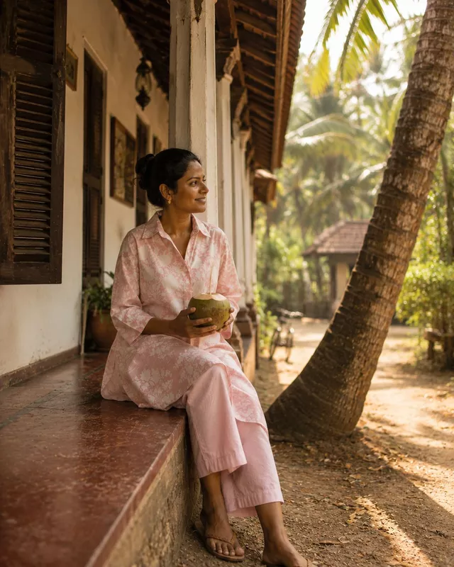 Waheeda's Collared top + Pant Set - Pink & white Flowers