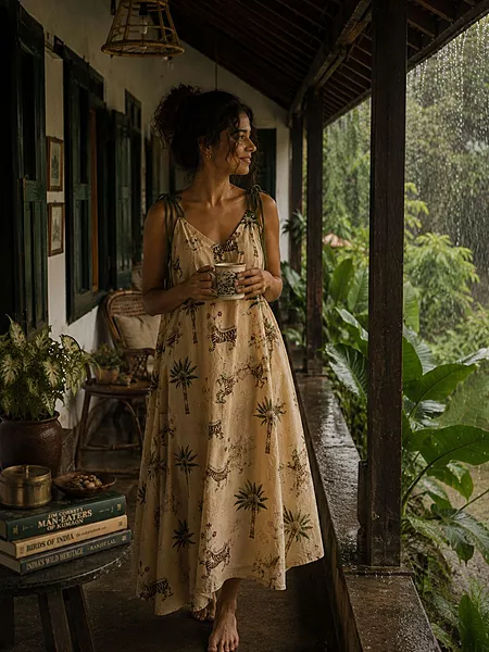 Anika's Free-Size Strappy Dress - cream with Sphinx tigers